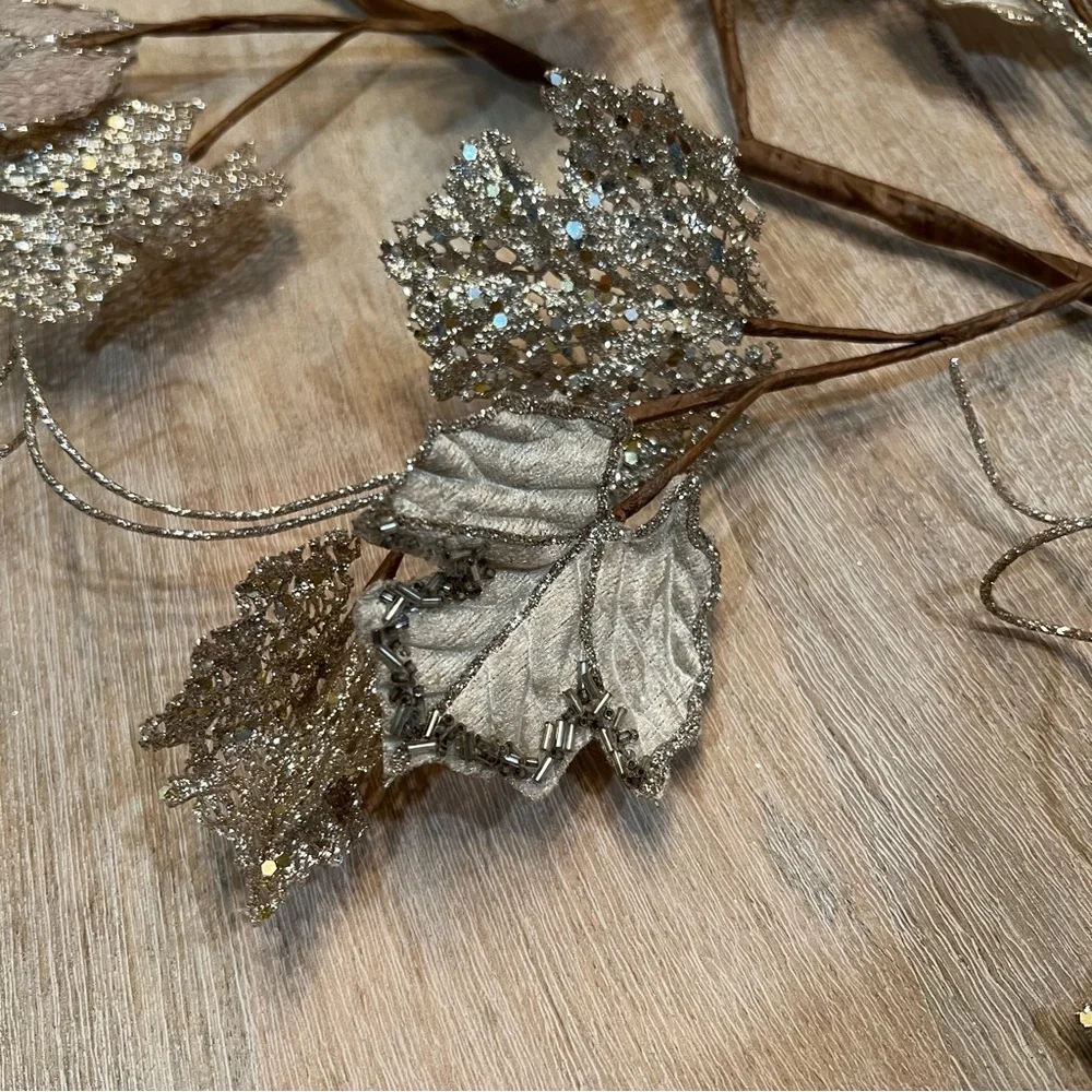 Metallic Glitter Champagne and Taupe Fig Leaf Holiday Garland